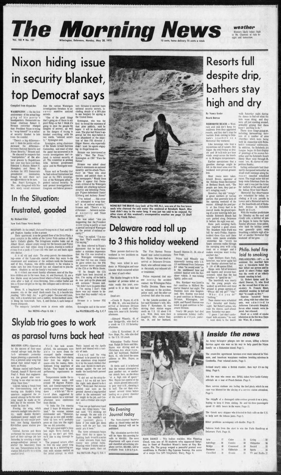 Front page of The Morning News of May 28, 1973.