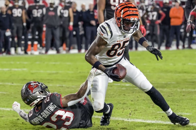 Cincinnati Bengals wide receiver Tee Higgins (R) still can negotiate for a long-term contract. File Photo by Steve Nesius/UPI