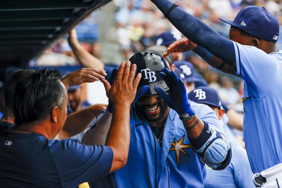 Tampa Bay Rays' Yandy Diaz celebrates a solo home run in the first inning of a baseball game against the Boston Red Sox at Tropicana Field in St. Petersburg, Fla., Thursday, April 13, 2023. (Ivy Ceballo/Tampa Bay Times via AP)