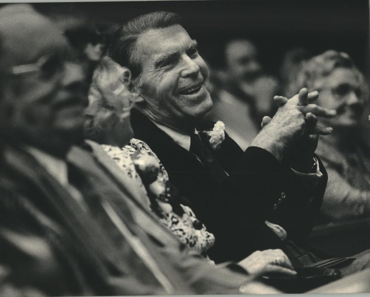 Actor Fred MacMurray smiles during his induction into the Wisconsin Performing Artists Hall of Fame at the Marcus Performing Arts Center in 1987. MacMurray grew up in Beaver Dam.