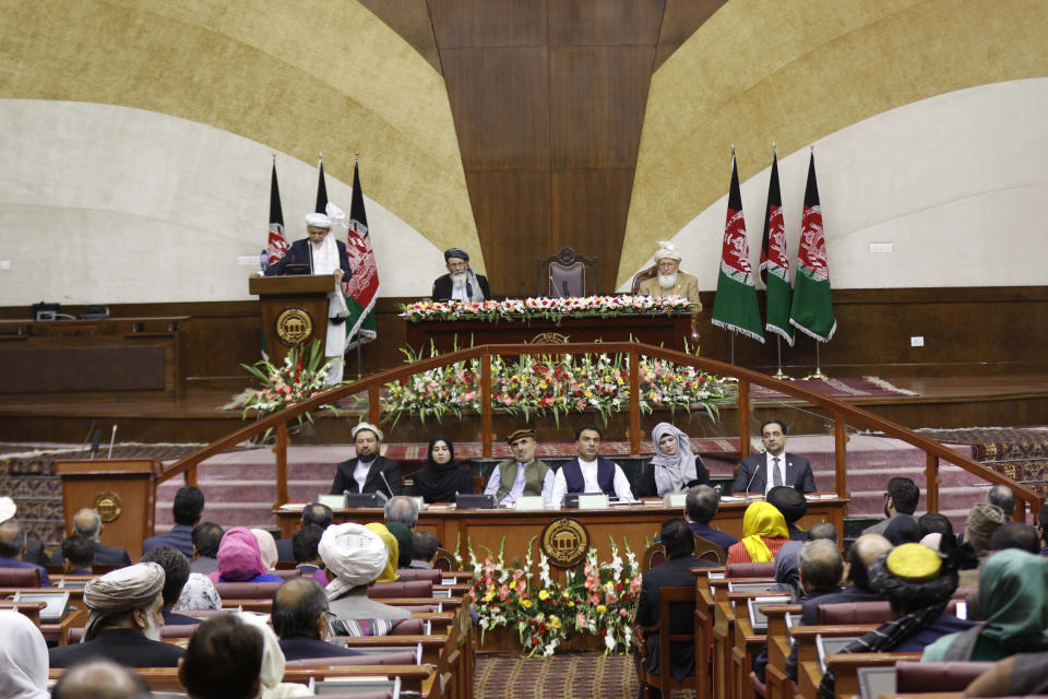 Afghan President Ashraf Ghani speaks during the inauguration of the country's new parliament in Kabul, Afghanistan, Friday, April 26, 2019. President Ashraf Ghani has inaugurated the country's new parliament after almost six months since elections were held and following long delays, claims of voter fraud, unresolved disputes and political bickering. (AP Photo)