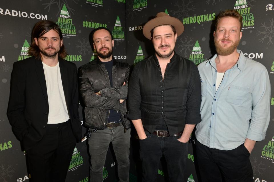 Winston Marshall, Ben Lovett, Marcus Mumford, and Ted Dwane of Mumford & Sons prior to Marshall exiting the band over politics. (Getty Images for KROQ)