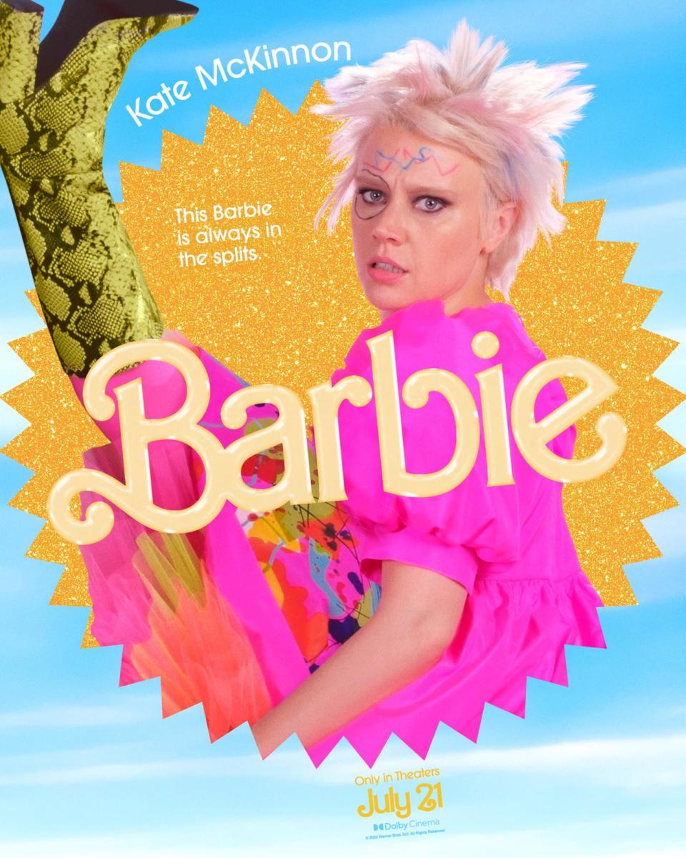 <p>Kate McKinnon does a high kick in her character poster, which states that her Barbie is "always in the splits." </p>