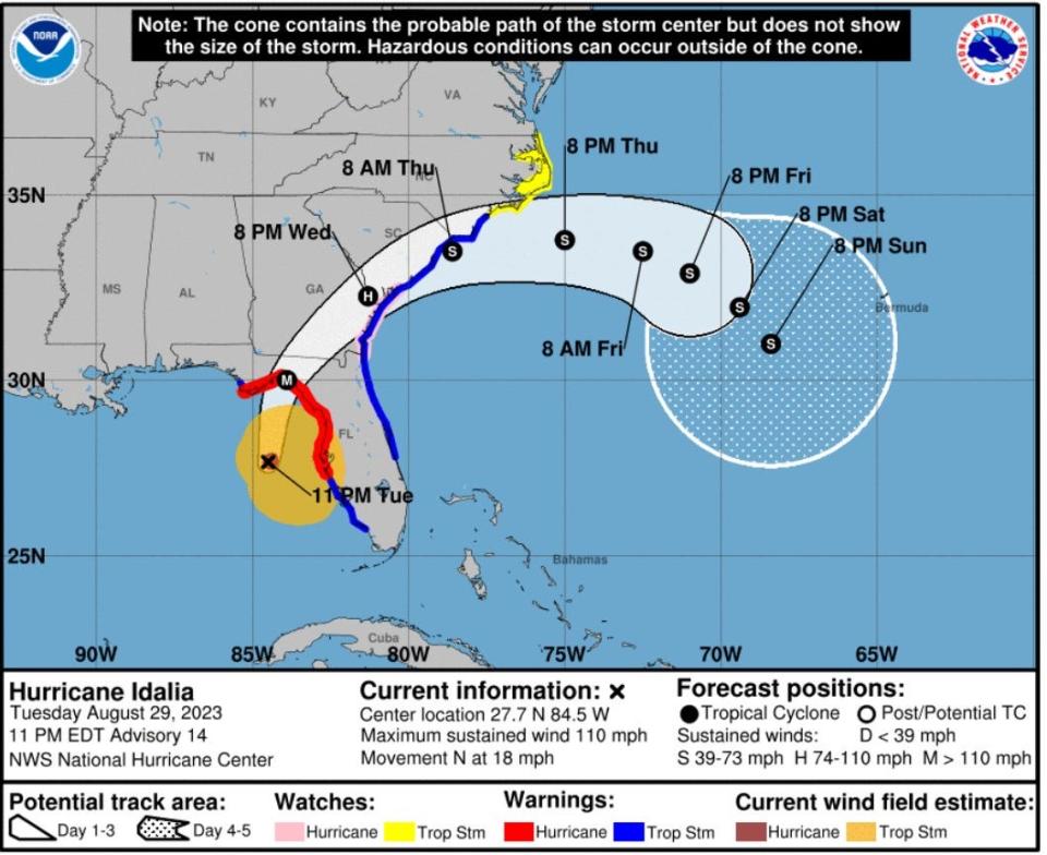 The National Weather Service has issued a Tropical Storm Warning for the Wilmington area due to Hurricane Idalia, which is expected to hit the Florida coast as a Category 3 hurricane Wednesday.