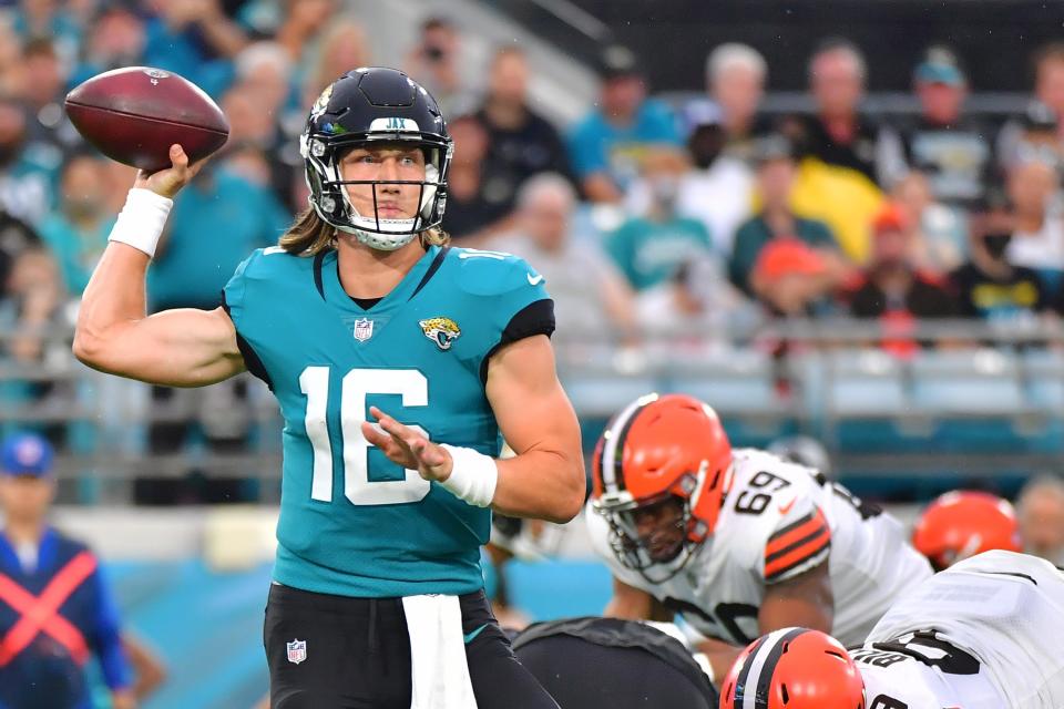 Trevor Lawrence #16 of the Jacksonville Jaguars throws a pass in the first quarter against the Cleveland Browns during a preseason game at TIAA Bank Field on August 14, 2021 in Jacksonville, Florida.