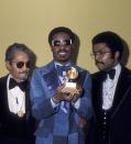 <p>Wonder is holding one of his five Grammy trophies his album <em>Fulfillingness' First Finale </em>won at the 17th Annual Grammy Awards. He has a total of 25 Grammys out of 74 nominations.</p>