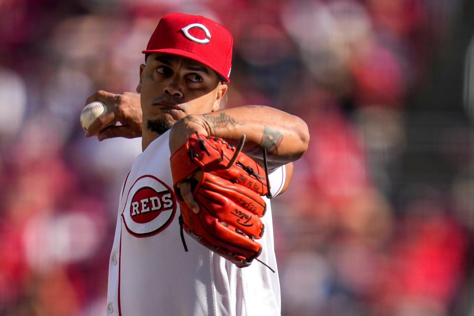 Cincinnati Reds relief pitcher Fernando Cruz (63) throws a pitch in the fourth inning of the MLB Opening Day game between the Cincinnati Reds and the Pittsburgh Pirates at Great American Ball Park in downtown Cincinnati on Thursday, March 30, 2023. The Pirates led 4-2 in the fifth inning.