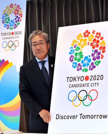 Tsunekazu Takeda, president of the Tokyo 2020 bid committee, presents its slogan "Discover Tomorrow" and its logo in Tokyo last week. Tokyo, the only one of the three to have previously hosted the Games back in 1964, Istanbul and Madrid will learn their fate in Buenos Aires on September 13 next year when International Olympic Committee members vote