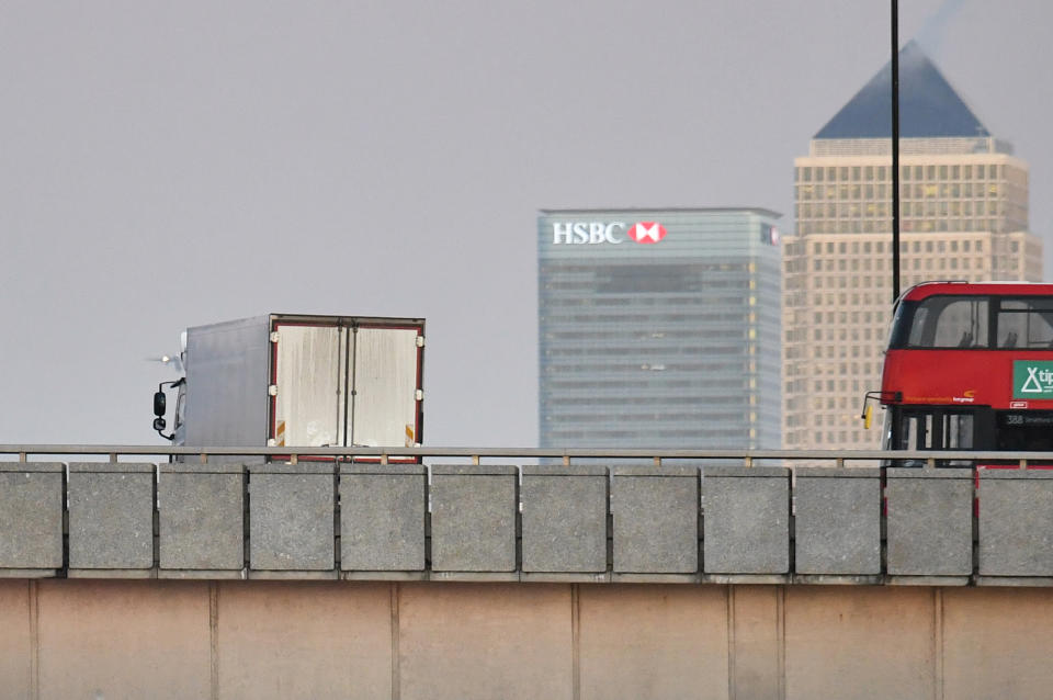 A white lorry parked across London bridge in central London following a 'terror related' incident.