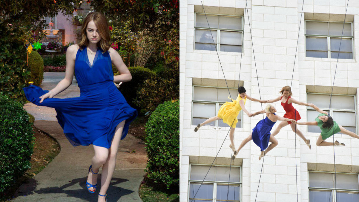 Watch a bunch of performers dance on the side of a building, because “La La Land”