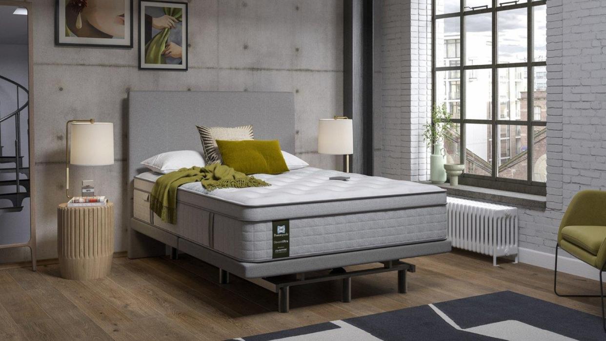  Sealy Elevate Ultra Antuco mattress on a bed in a stylish and airy bedroom. 