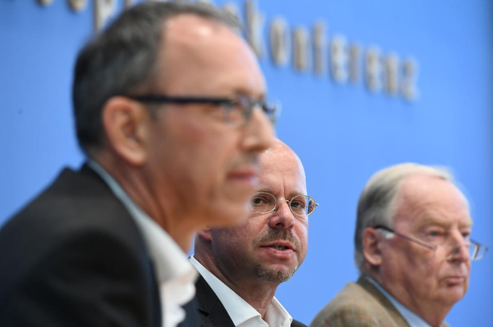 Leaders of Alternative for Germany (AfD) Alexander Gauland with Brandenburg's top candidate Andreas Kalbitz and Saxony's top candidate Joerg Urban attend a news conference after the regional elections in Saxony and Brandenburg, in Berlin, Germany, September 2, 2019. REUTERS/Annegret Hilse