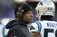 Carolina Panthers head coach Steve Wilks watches play in the second half of an NFL football game against the Baltimore Ravens Sunday, Nov. 20, 2022, in Baltimore. (AP Photo/Patrick Semansky)