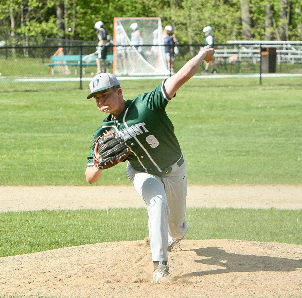 Oakmont Regional starting pitcher Jayden Downing delivers a pitch to the plate during a May 2022 game against Quabbin in Ashburnham.