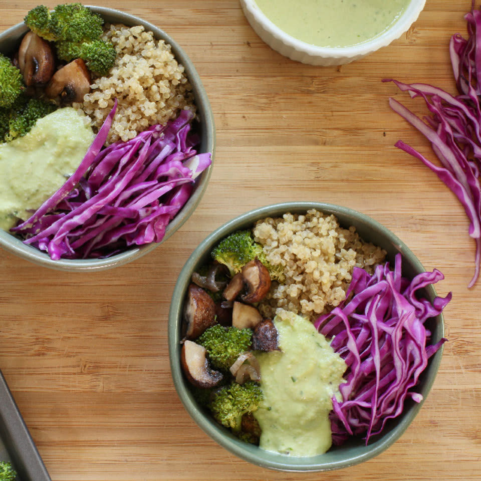Vegan Roasted Vegetable Quinoa Bowl with Creamy Green Sauce