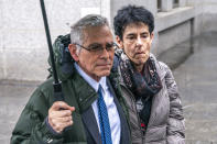 Barbara Fried and Joseph Bankman, parents of FTX founder Sam Bankman-Fried, exit the Manhattan Federal Court, Thursday, March. 28, 2024, in New York. (AP Photo/Eduardo Munoz Alvarez)