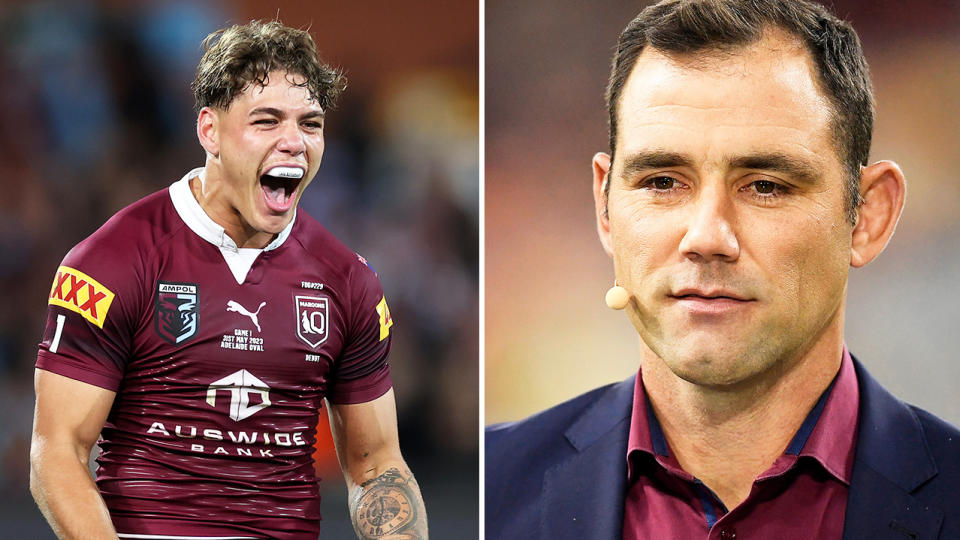 Reece Walsh celebrates State of Origin win and Cameron Smith during broadcast.