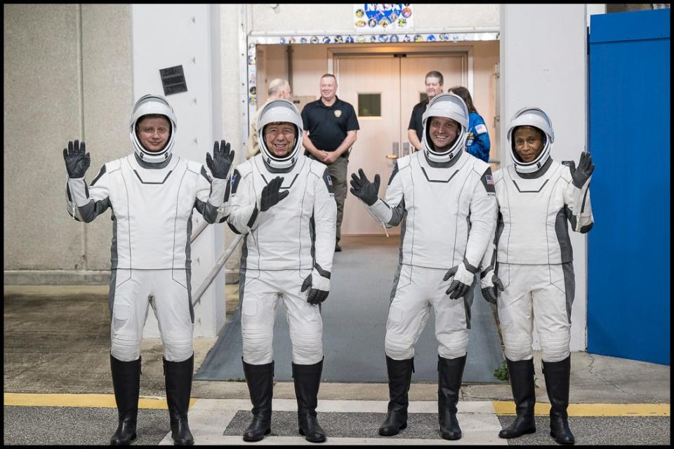 From left, Roscosmos cosmonaut Alexander Grebenkin and NASA astronauts Michael Barratt, Matthew Dominick and Jeanette Epps during a final dress rehearsal of Crew-8 launch-day activities earlier this week at Kennedy Space Center.