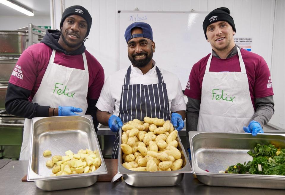 Quite a result: Jarrod Bowen and Michail Antonio in the Felix kitchen. “What Felix does is brilliant,” says Bowen. “But the struggle to feed families shouldn’t have to happen” (Matt Writtle)