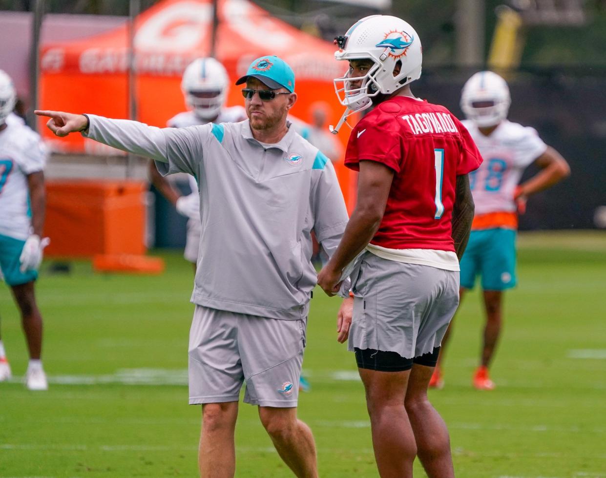 Miami Dolphins quarterback Tua Tagovailoa (1) participates in training camp at Baptist Health Training Complex, Wednesday, July 26, 2023 in Miami Gardens.