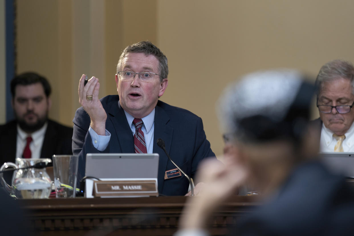 FILE - Rep. Thomas Massie, R-Ky., makes a point in the House Rules Committee as Republicans advance a bill to disapprove of action by the District of Columbia Council on a local voting rights act and a criminal code revision, at the Capitol in Washington, Monday, Feb. 6, 2023. In an interview, Massie, who is one of just three members of Congress who has endorsed Gov. Ron DeSantis for 2024, acknowledged the governor is losing some political strength. (AP Photo/J. Scott Applewhite, File)