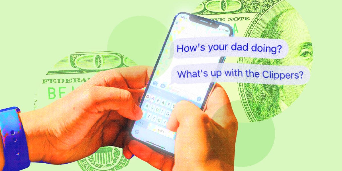 Hand holding iPhone displaying received text messages: 'How's your dad doing?' and 'What's up with the clippers?