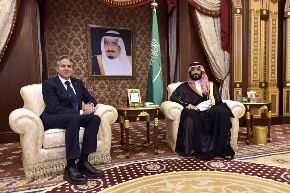 Saudi Arabia's Crown Prince Mohammed bin Salman, left, meets with U.S. Secretary of State Antony Blinken in Jeddah, Wednesday, June 7, 2023. Blinken arrived in Saudi Arabia Tuesday on a trip to strengthen strained ties with the long-time ally as the oil-rich kingdom forges closer (Amer Hilabi/Pool Photo via AP)