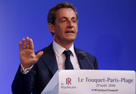 Nicolas Sarkozy, former head of the Les Republicains political party and a former French president, attends the party's weekend summer university youth meeting in Le Touquet-Paris-Plage, France, August 27, 2016. REUTERS/Pascal Rossignol