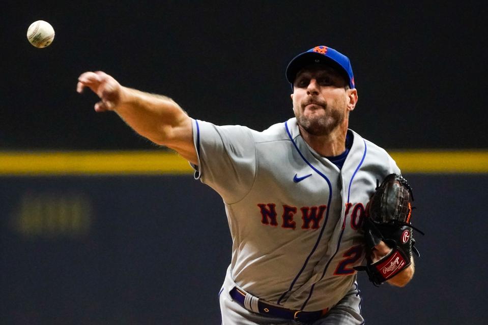 New York Mets starter Max Scherzer throws during the sixth inning of a baseball game against the Milwaukee Brewers Monday, Sept. 19, 2022, in Milwaukee.