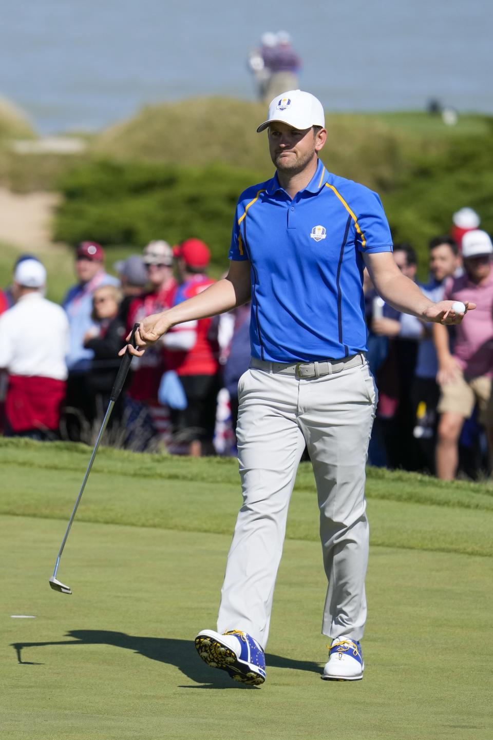 Team Europe's Bernd Wiesberger reacts on the second hole during a four-ball match the Ryder Cup at the Whistling Straits Golf Course Friday, Sept. 24, 2021, in Sheboygan, Wis. (AP Photo/Ashley Landis)