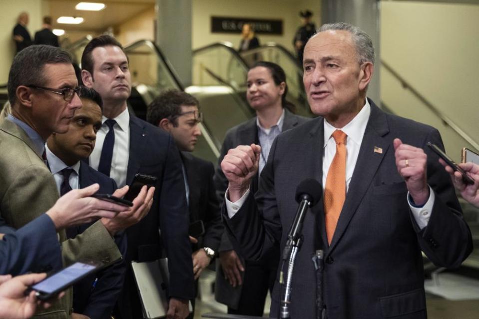 Chuck Schumer speaks to the media on Tuesday.