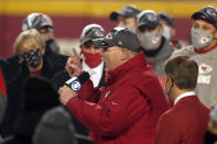 Kansas City Chiefs head coach Andy Reid celebrates after the AFC championship NFL football game against the Buffalo Bills, Sunday, Jan. 24, 2021, in Kansas City, Mo. The Chiefs won 38-24. (AP Photo/Charlie Riedel)