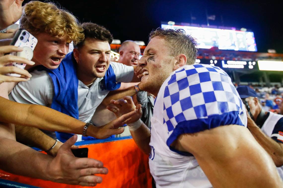 Kentucky quarterback Will Levis celebrates with fans after his team’s defeat of Florida, 26-16, on Saturday night.