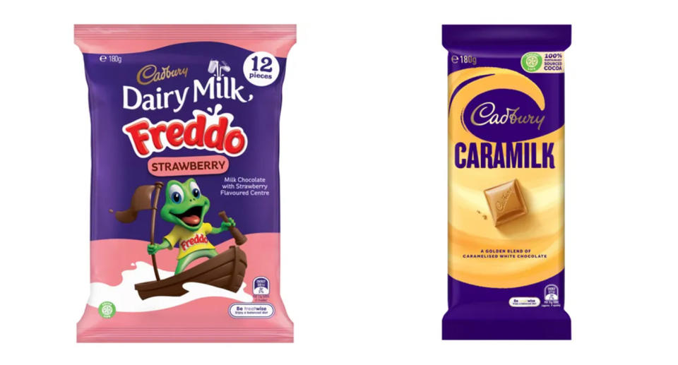 Left, packet of Cadbury strawberry Freddo and right, Cadbury Caramilk bar.