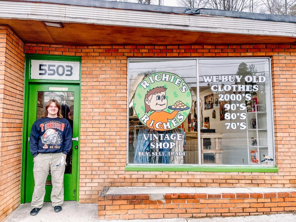 Bryson Richie is all set to open Richie’s Riches at 5503 N. Broadway in Fountain City. His best friend, Al @Alonzo.macaroni, created the store logo and painted the eye-catching window design.