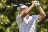 Steve Stricker tees off on two during the final day at the Regions Tradition, a PGA Tour Champions golf event, Sunday, May 15, 2022, in Birmingham, Ala. (AP Photo/Vasha Hunt)