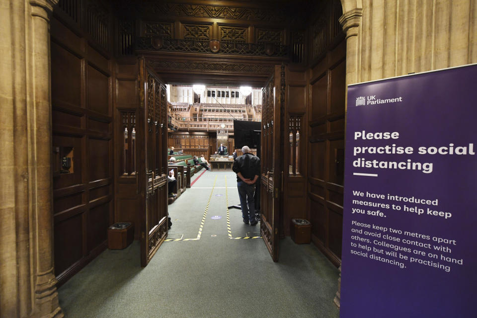 Handout photo issued by UK Parliament of chamber rehearsals ahead of the reconvening the House of Commons and House of Lords following the Easter recess, in London Monday April 20, 2020. Britain’s Parliament is going back to work, and the political authorities have a message for lawmakers: Stay away. U.K. legislators and most parliamentary staff were sent home in late March as part of a nationwide lockdown to slow the spread of the new coronavirus. With more than 16,500 people dead and criticism growing of the government’s response to the pandemic, legislators are returning Tuesday — at least virtually — to grapple with the crisis. (Jessica Taylor, UK Parliement via AP)