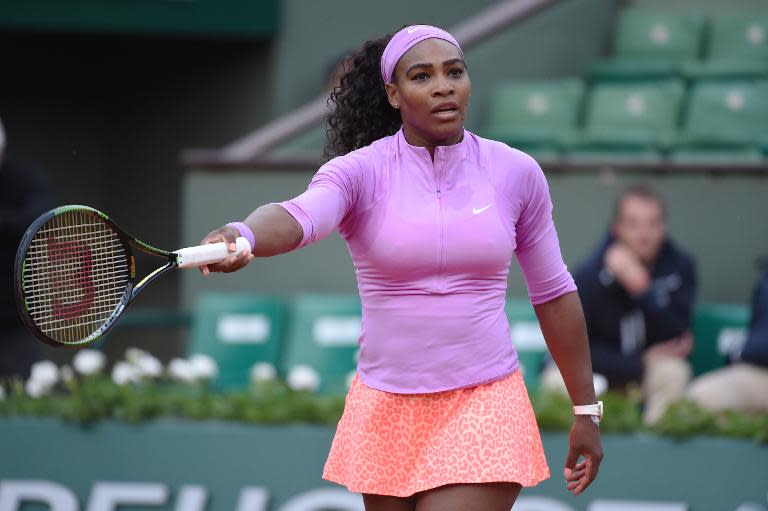 US Serena Williams argues with referee during her match against Czech Republic's Andrea Hlavackova during the women's first round at the Roland Garros 2015 French Tennis Open in Paris on May 26, 2015