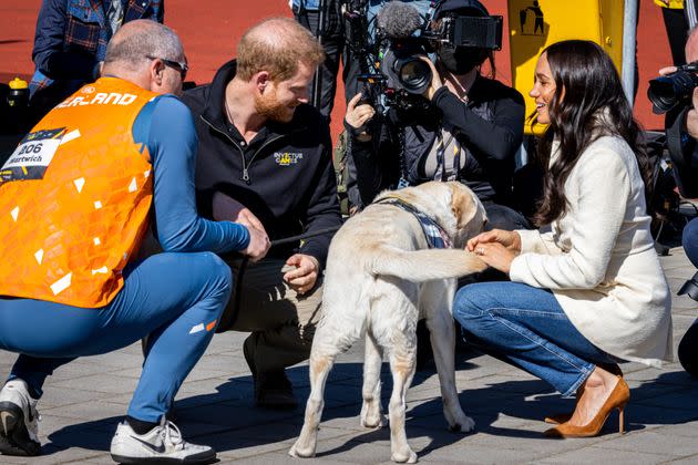 The Duke and Duchess of Sussex meet a dog as they attend the Invictus Games on April 17 in the Netherlands. (Photo: Patrick van Katwijk via Getty Images)