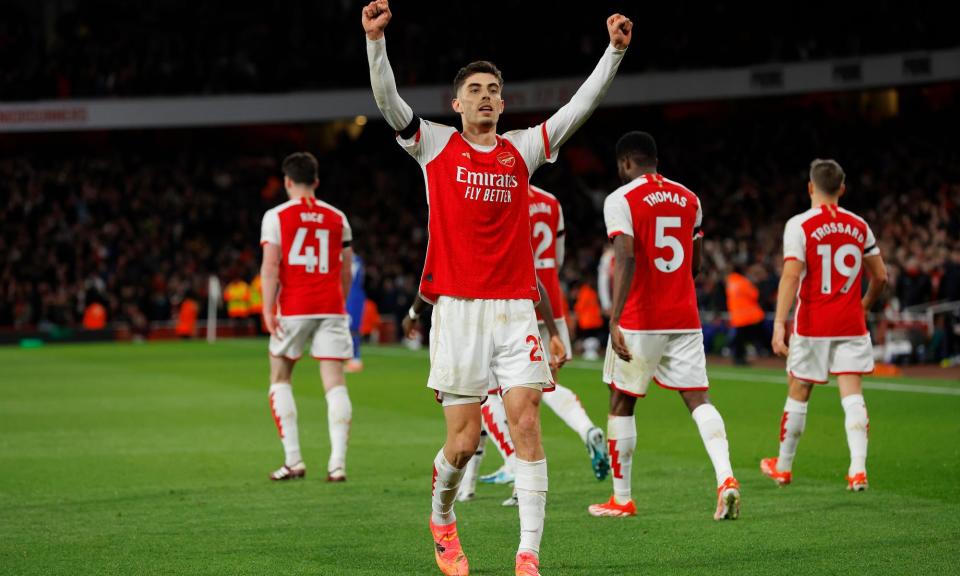 <span>Kai Havertz celebrates scoring one of his goals against former club Chelsea.</span><span>Photograph: Tom Jenkins/The Guardian</span>