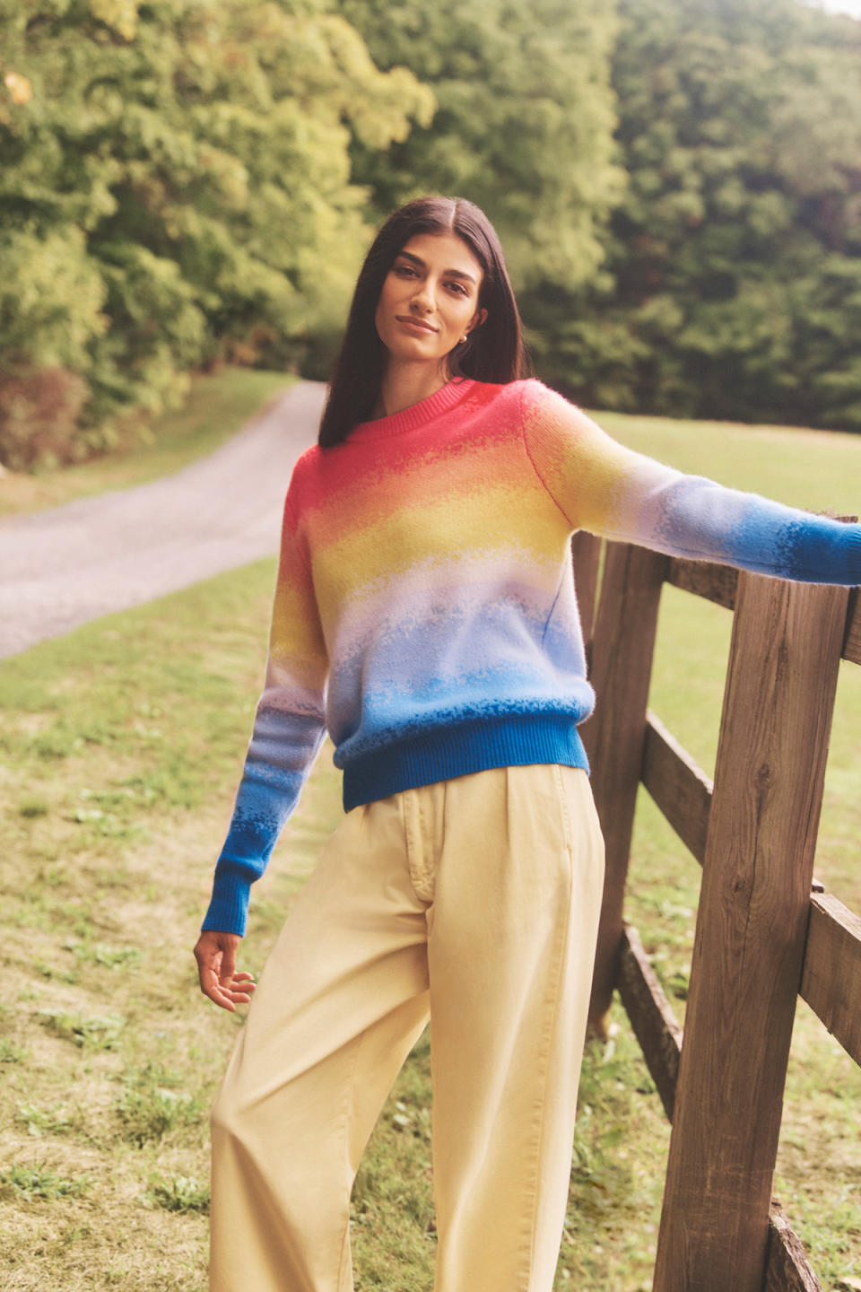 A rainbow knit sweater from White + Warren for holiday