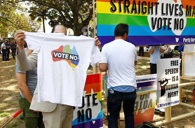 Anti same-sex marriage supporters are seen at a 