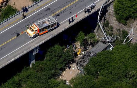 Aerial view of the overturned bus which crashed in Argentina's northern province of Salta, December 14, 2015. REUTERS/Javier Corbalan