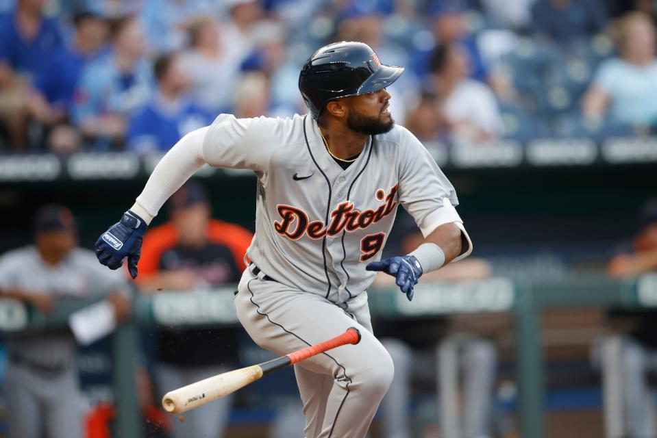 Tigers designated hitter Willi Castro watches his home run during the third inning on Friday, July 23, 2021, in Kansas City, Missouri.