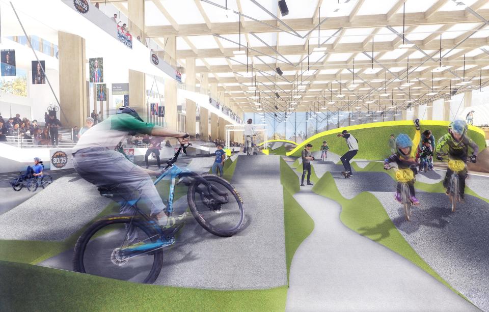 A rendering shows an indoor BMX track organizers want to build in the Des Moines metro, possibly in West Des Moines.