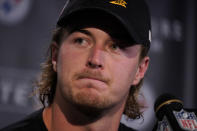 Pittsburgh Steelers quarterback Kenny Pickett meets with reporters after an NFL football game against the New York Jets in Pittsburgh, Sunday, Oct. 2, 2022. (AP Photo/Gene J. Puskar)