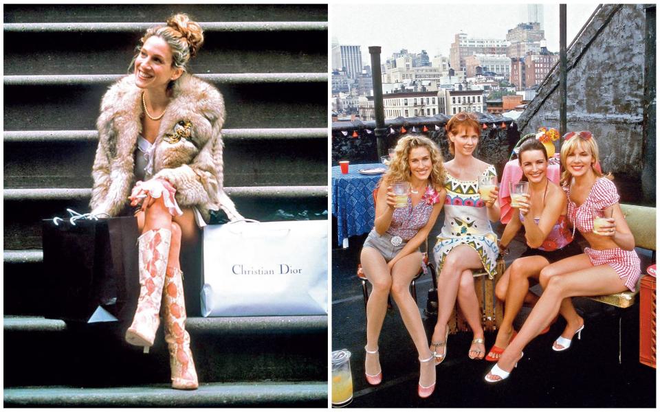 Left: Carrie at her fashionista best; right, Carrie, Miranda, Charlotte and Samantha enjoying cocktails at a rooftop party - Sky/HBO / Alamy Images 