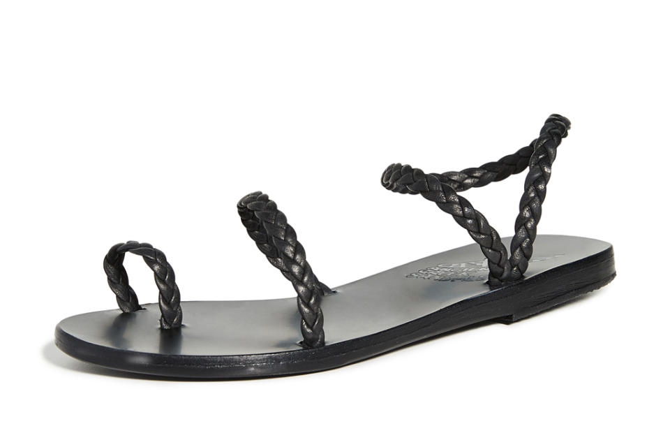 black sandals, flat, thin strap, ancient greek sandals