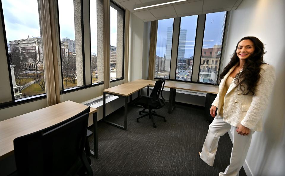 Nicole Wolanski of Venture X Worcester with a premium office space complete with a view of Worcester Common.