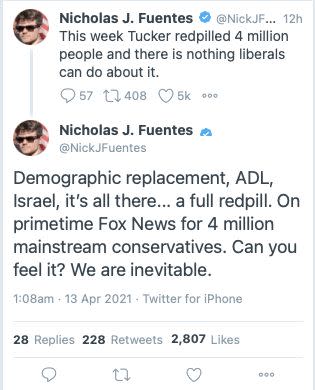 White nationalist Nick Fuentes is super stoked about Tucker Carlson's embrace of the "great replacement" conspiracy theory. (Photo: Screenshot)